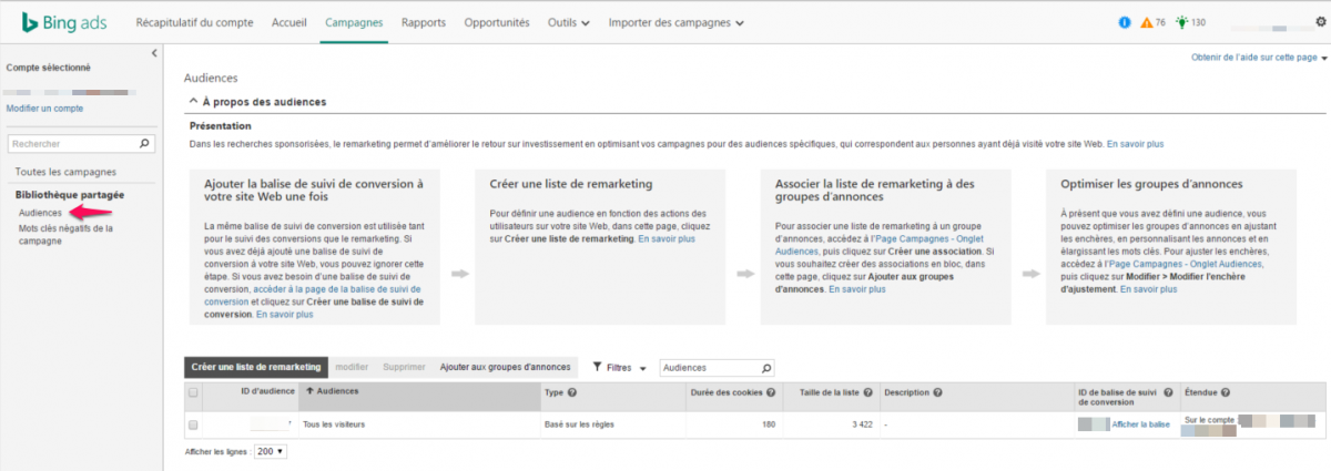 Créer audiences Bing