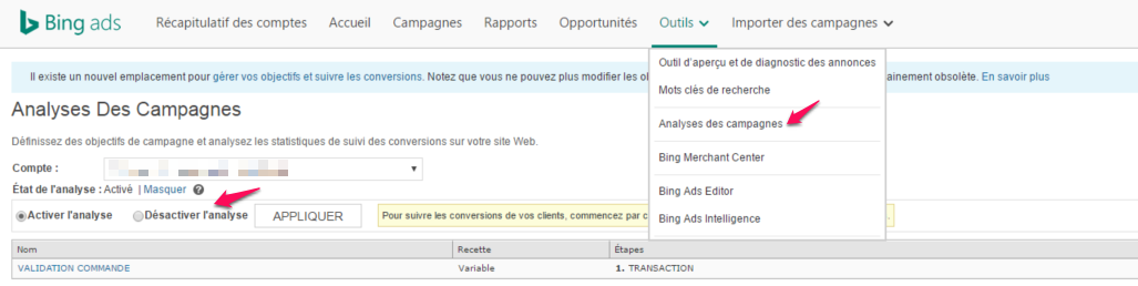 Desactiver suivi des conversion bing