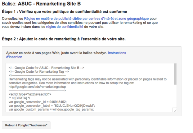 Création tag pour liste de remarketing AdWords